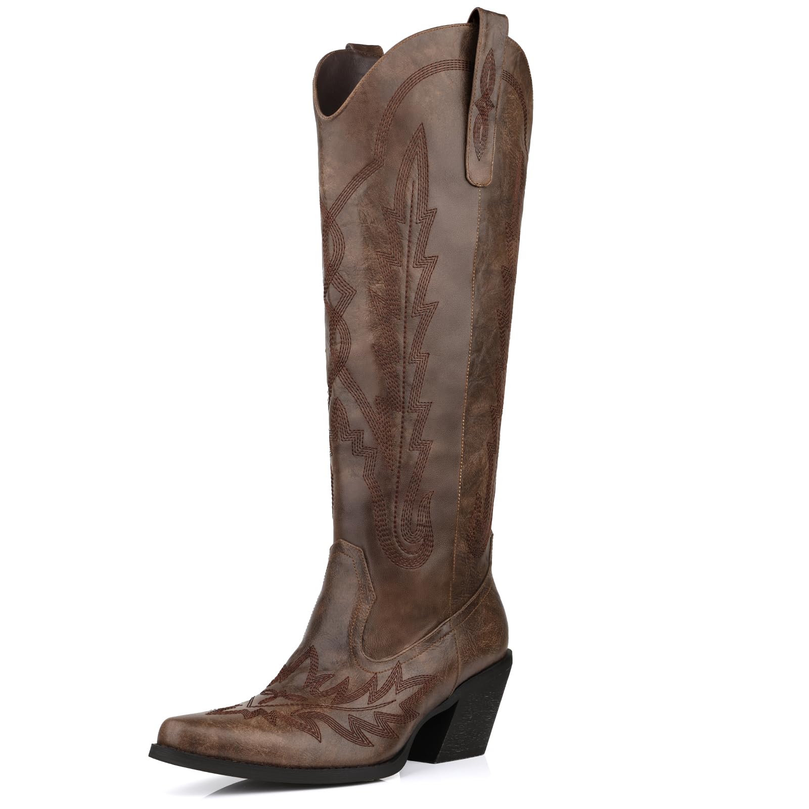 DANAZANA Knee High Cowgirl Boots Women Wide Calf Rhinestones Cowboy Boots Lady Pointed Toe Chunky Heel Embroidered Sparkly Boot With Side Half Zip