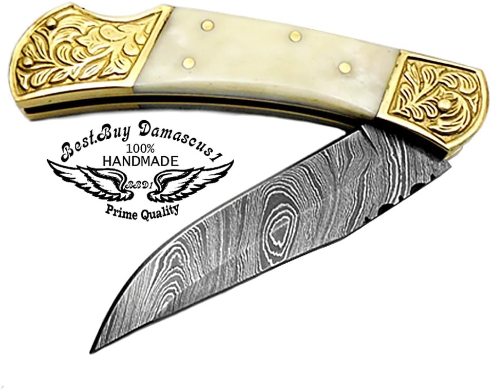 Best.Buy.Damascus1 Damascus pocket knife, Folding knife, Pocket Knife For Men, Knife Set with knife sharpeners Premium Quality gifts for men (Camel Scrimshaw)