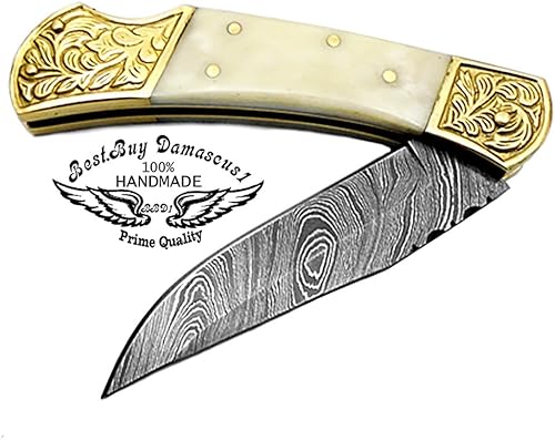 Miniatura 6 de Cuchillo de latón de hueso camello doble blster cuchillo plegable de caza con Scrimshaw Work 7.6 pulgadas hecho a mano de acero damasco cuchillo de