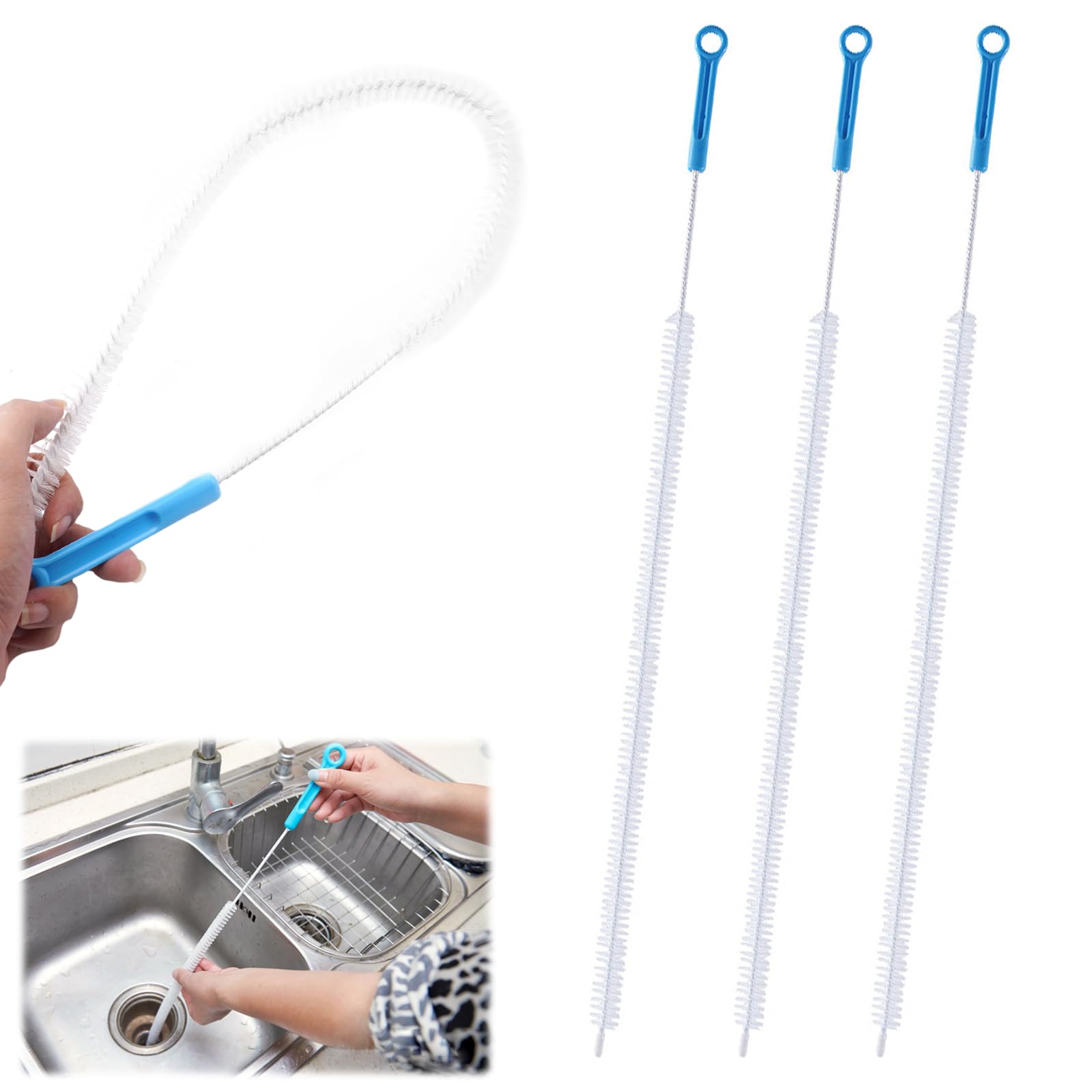 3 Piezas Cepillo de Limpieza para Desagüe, 71 cm Cepillo Flexible para Limpiar Desagües, Herramienta de Drenaje para Eliminar Pelos y Desatascar, Cepillos para Tuberías, para Cocina, Fregadero y baño