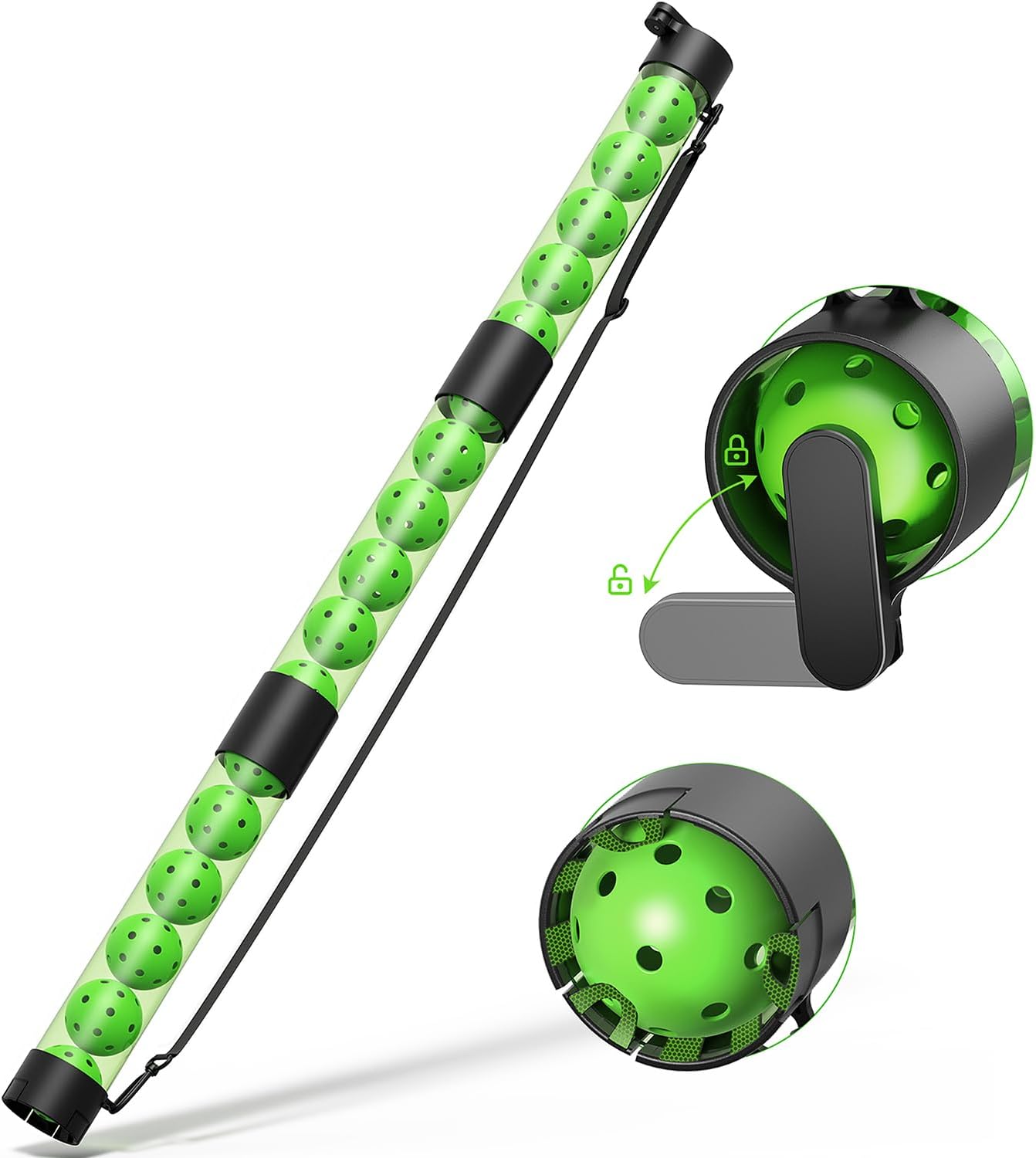 17 Balls Pickleball Ball Retriever & Holder with Strap – Adjustable Height Ball Collector, Back Saver for Adults, Kids & Wheelchair Users – Lightweight, Portable, Eco-Friendly (Green)