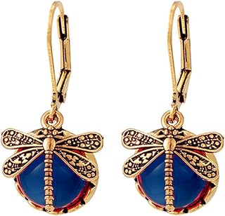 Vintage Dragonfly Moonstone Earrings Gold Plated Boho Statement Gemstone Butterfly Insect Animal Chic Purple Crystal Rhinestone Dangle Leverback Earrings for Women Ethnic Style Fashion Jewelry Gifts