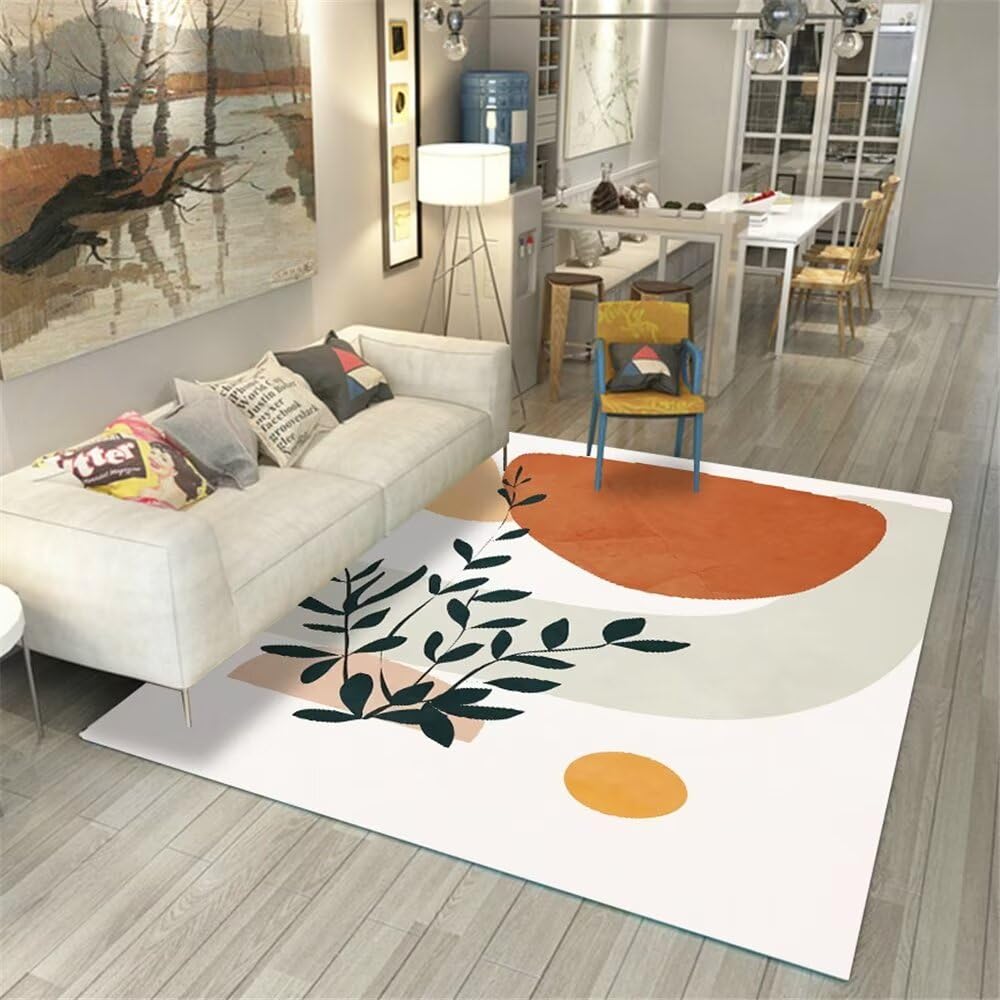 Tapis salon doux beige XXL 200x260 à motif de feuilles fraîches pour grande chambre confortable