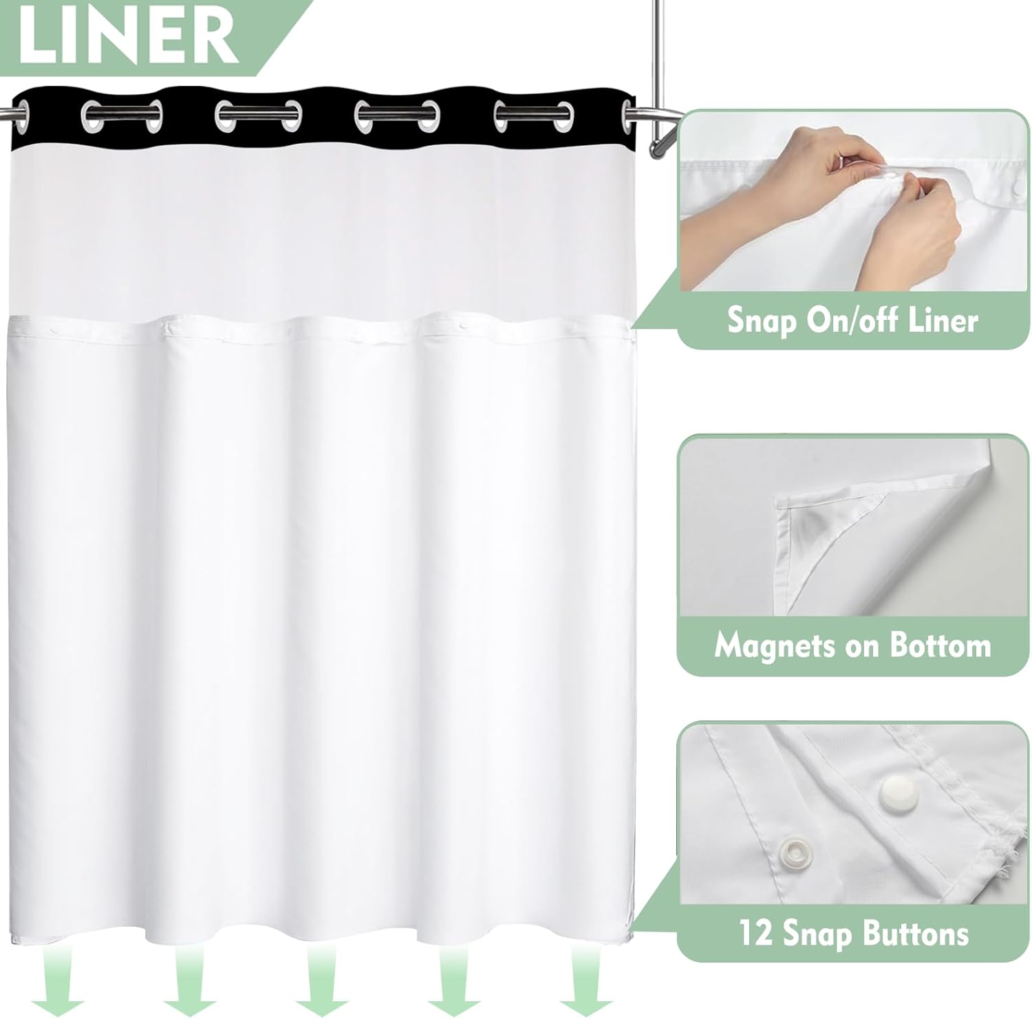 Black No Hook Shower Curtain with Snap in Liner Set,Modern Fabric Shower Curtains for Bathroom Hotel Style Decor 71x74