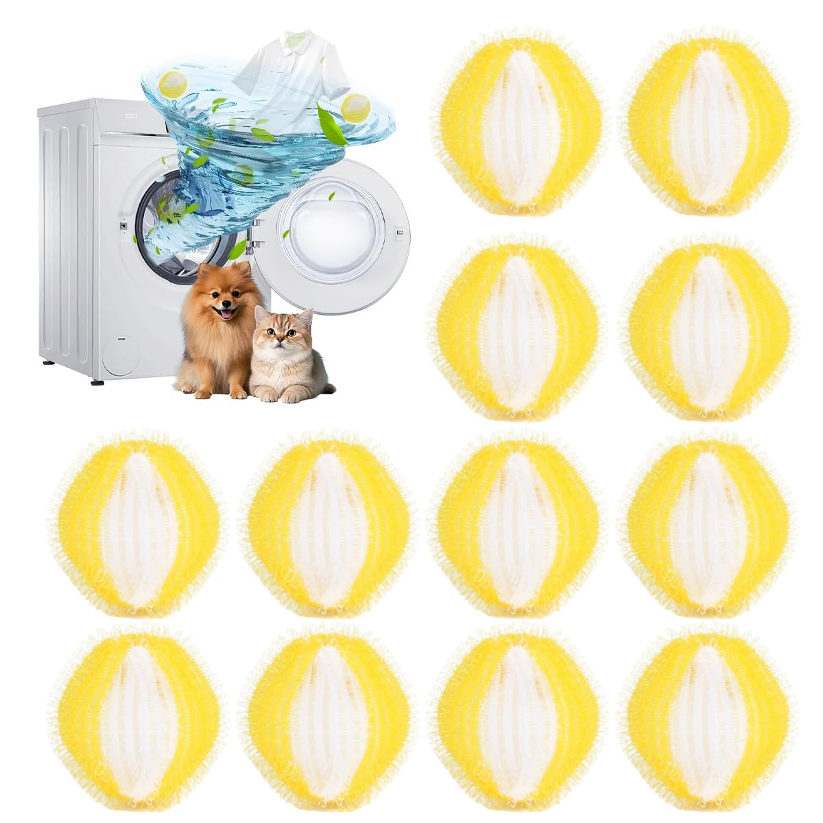 Doodlewitz Yellow 12Pcs Pet Hair Remover For Laundry - Laundry Balls, Reusable Lint Catcher Washing Machines Animal Fur Clothes Hamper Hair Remover For Laundry Bedding Clothes