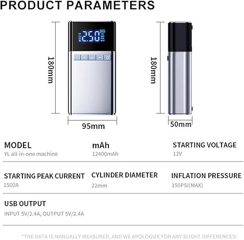 Miniatura 2 de Bomba de aire de banco de energía de arranque 1500A 12400mAh 4 en 1 inflador de neumáticos de arranque de coche Booster batería externa 12V