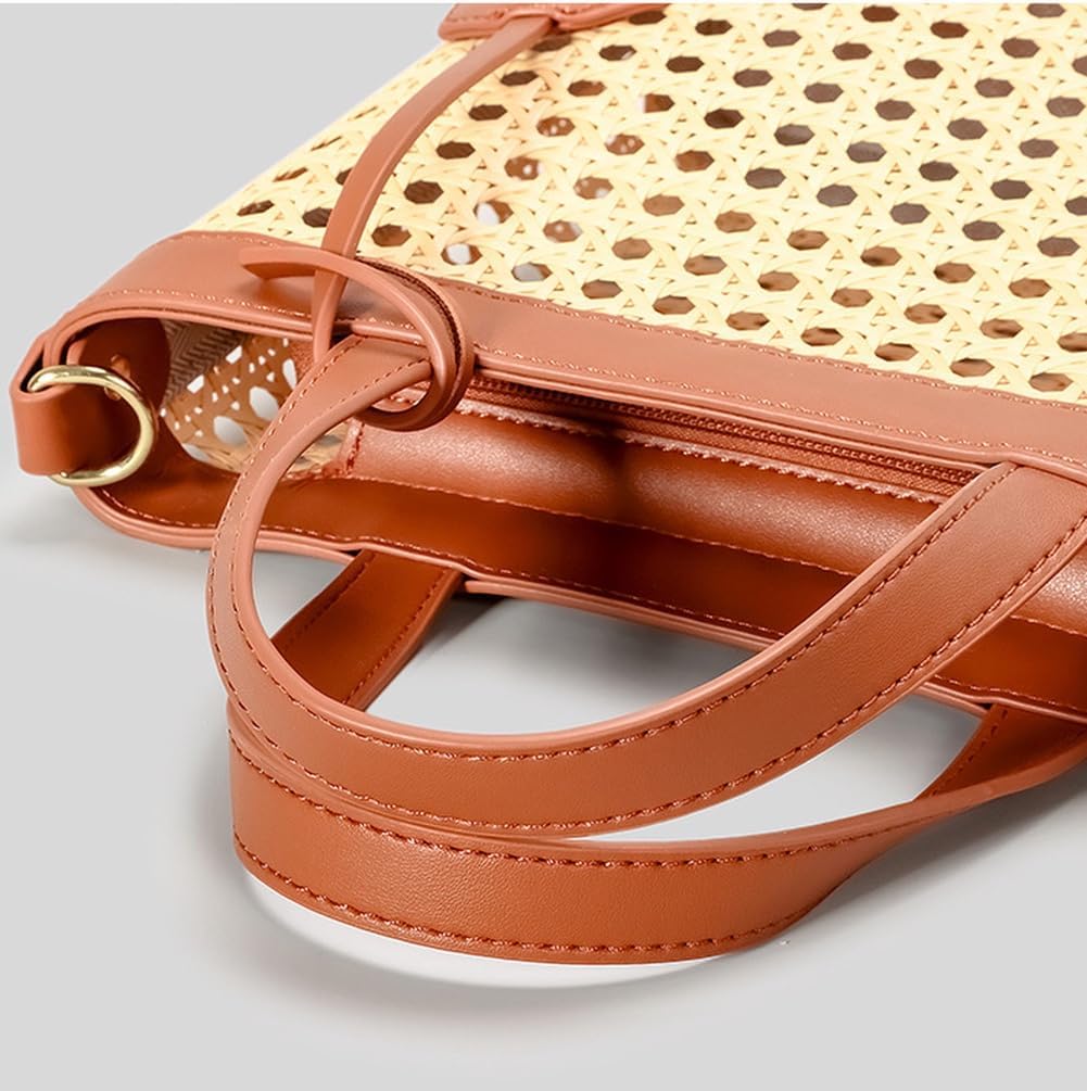 Rattan Tote Bag for Women Straw Beach Bag Crossbody Purse PU Leather Summer Shoulder Bag Cute Boho Purses Tote Handbag - Image 5