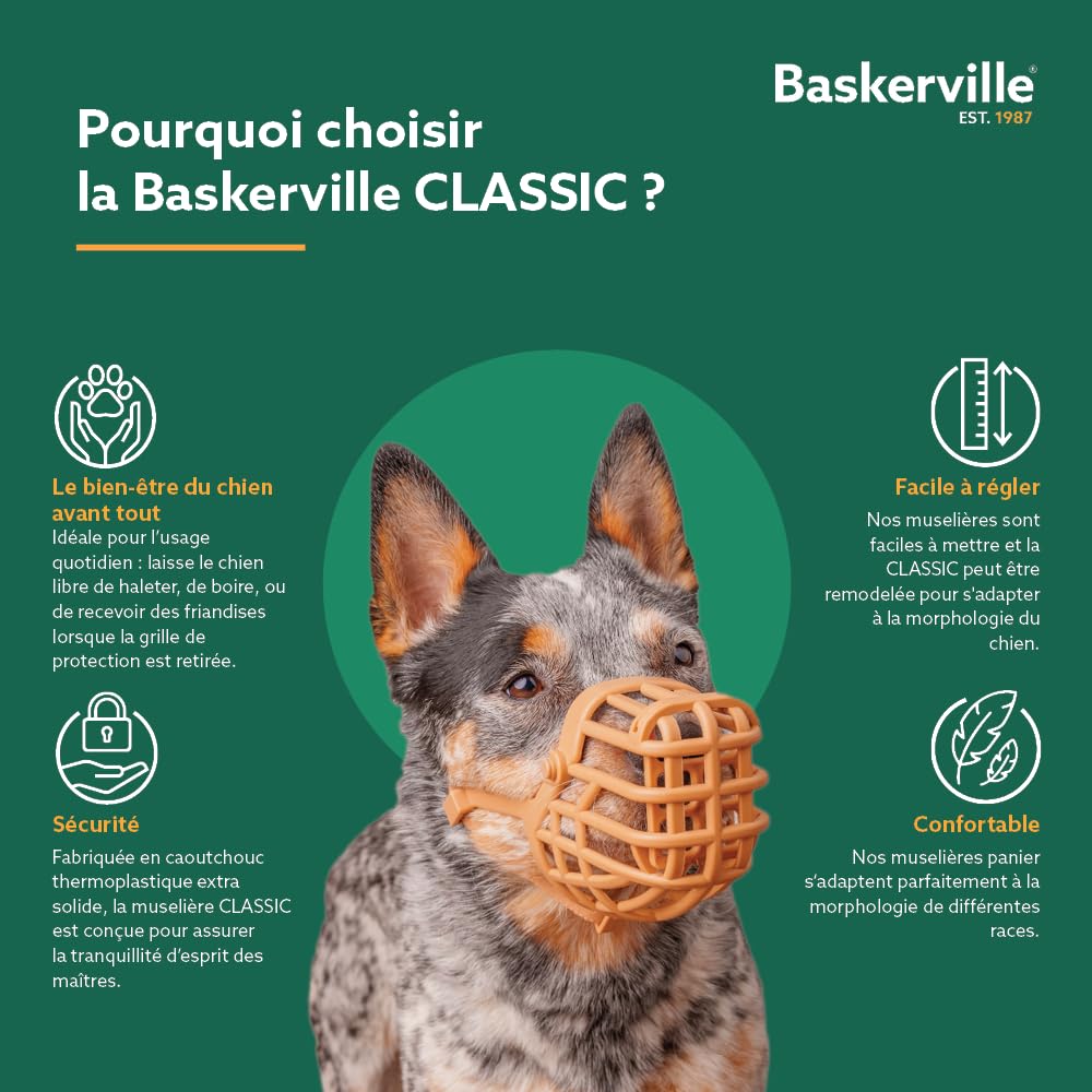 MUSELIÈRE PANIER BASKERVILLE CLASSIC - Laisse le chien boire/haleter, l’empêche de mordre/faire les poubelles, idéal pour les chiens à long museau, respirante, pour les grands chiens (Taille 10)
