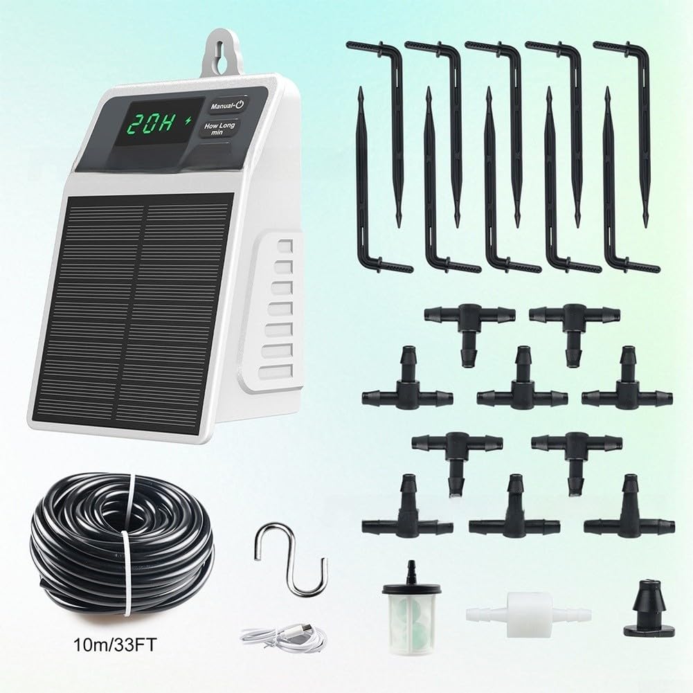 Solarbetriebenes Bewässerungssystem, automatisches Tropfbewässerungsset für Garten, 2200 mAh USB-C wiederaufladbar mit 10 m Schlauch für Gewächshaus, Balkon, Pflanzenpflege