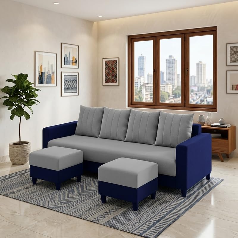 Image of STRIKON Plush 6 Seater L Shape Sofa Set with 2 Movable Ottoman | Flexible Layout |Silken Velvet Suede | Designer Sofa for Living Rooms & Office Spaces (Light Grey & Dark Blue)