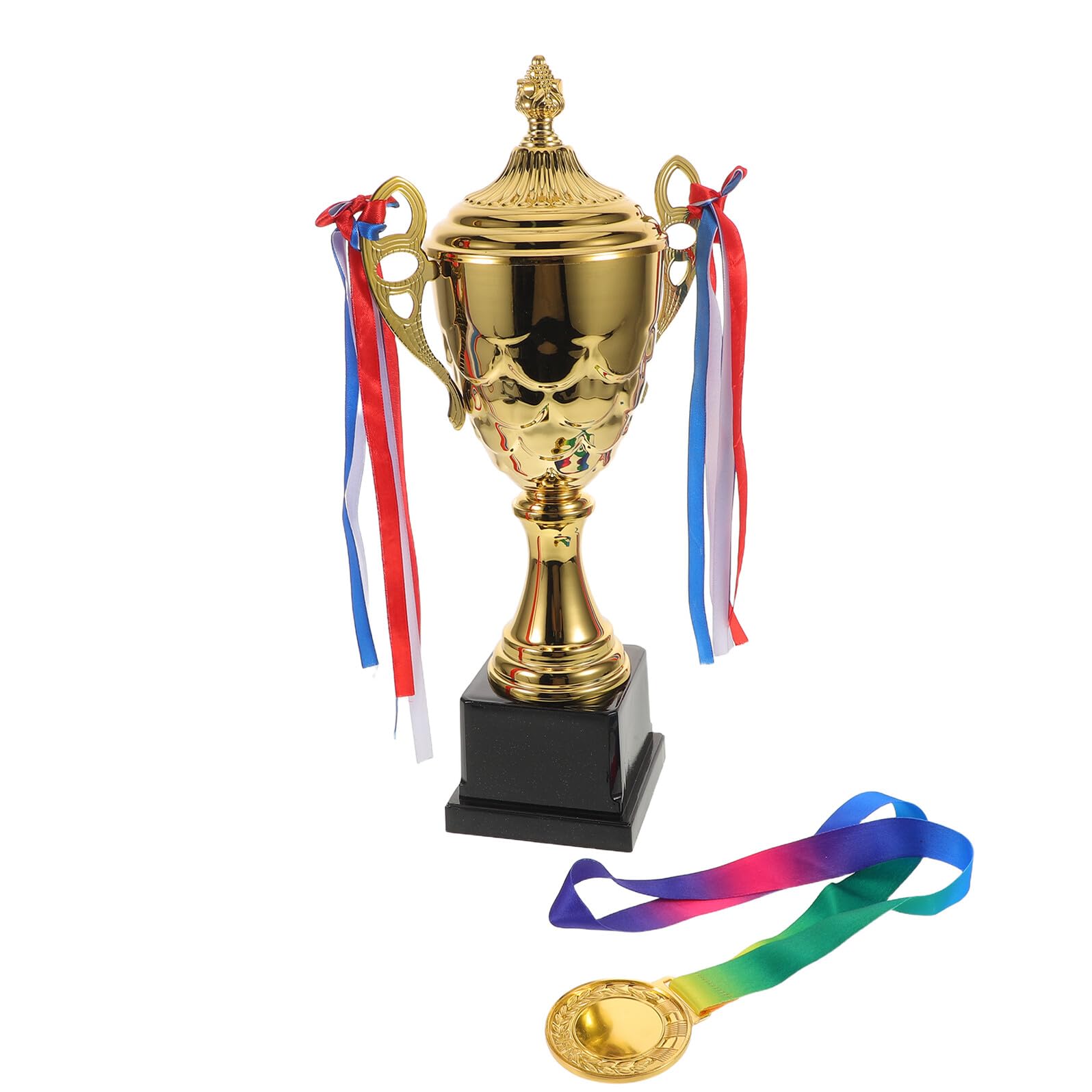 TOYANDONA Juego de Trofeos Deportivos 42 Cm con Medalla de Logro Deportivo de Oro y Cinta, Trofeo de Competición Deportiva para Torneos y Campeonatos, Premio Atlético Completo