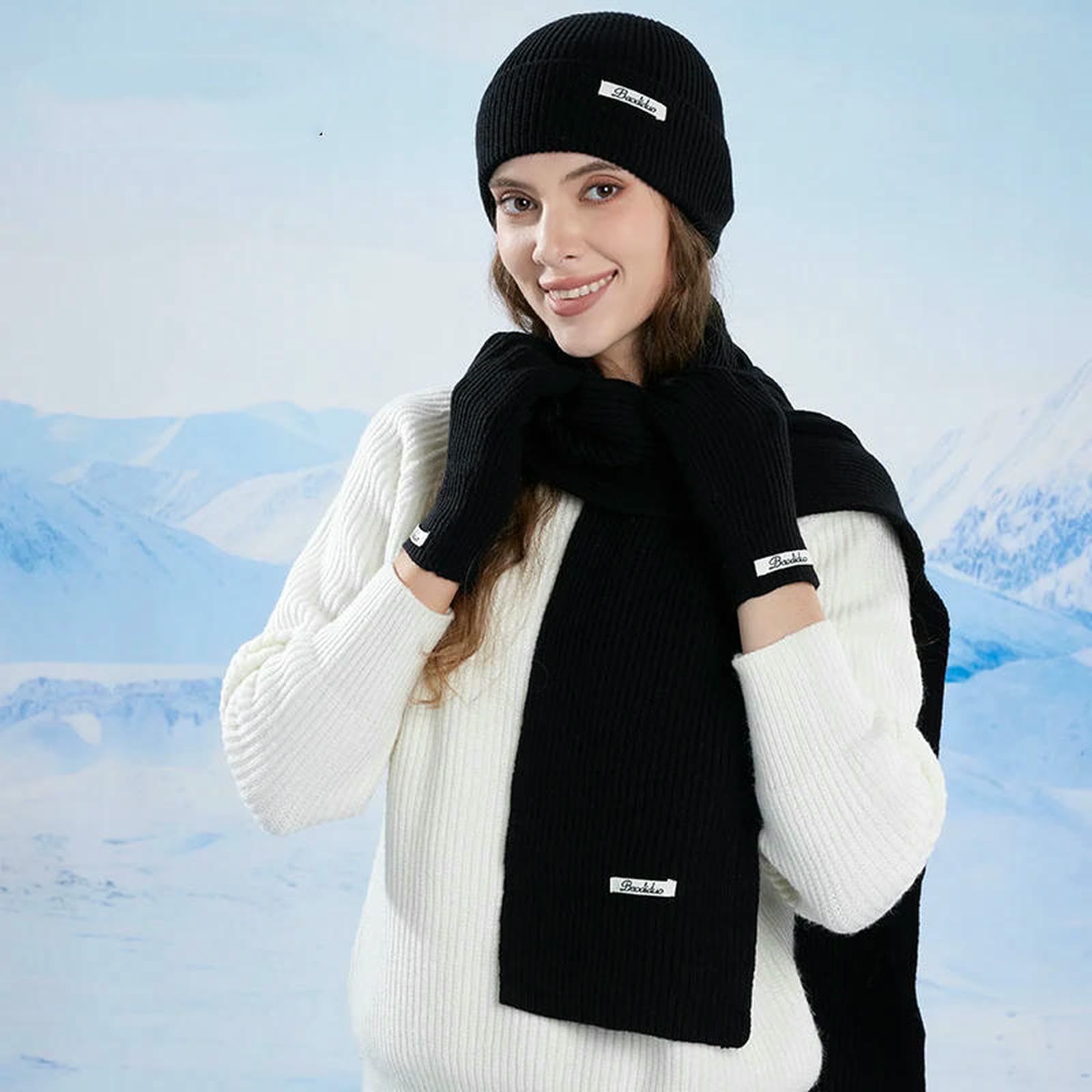 Mütze,Schal & Handschuh-Sets 3-teiliges Winter-strickmütze-Set Für Damen, Schal-Handschuhe-Set, Burgunderrot, Bequem, Outdoor-REIT-Set-Kaffee 1-55-60cm
