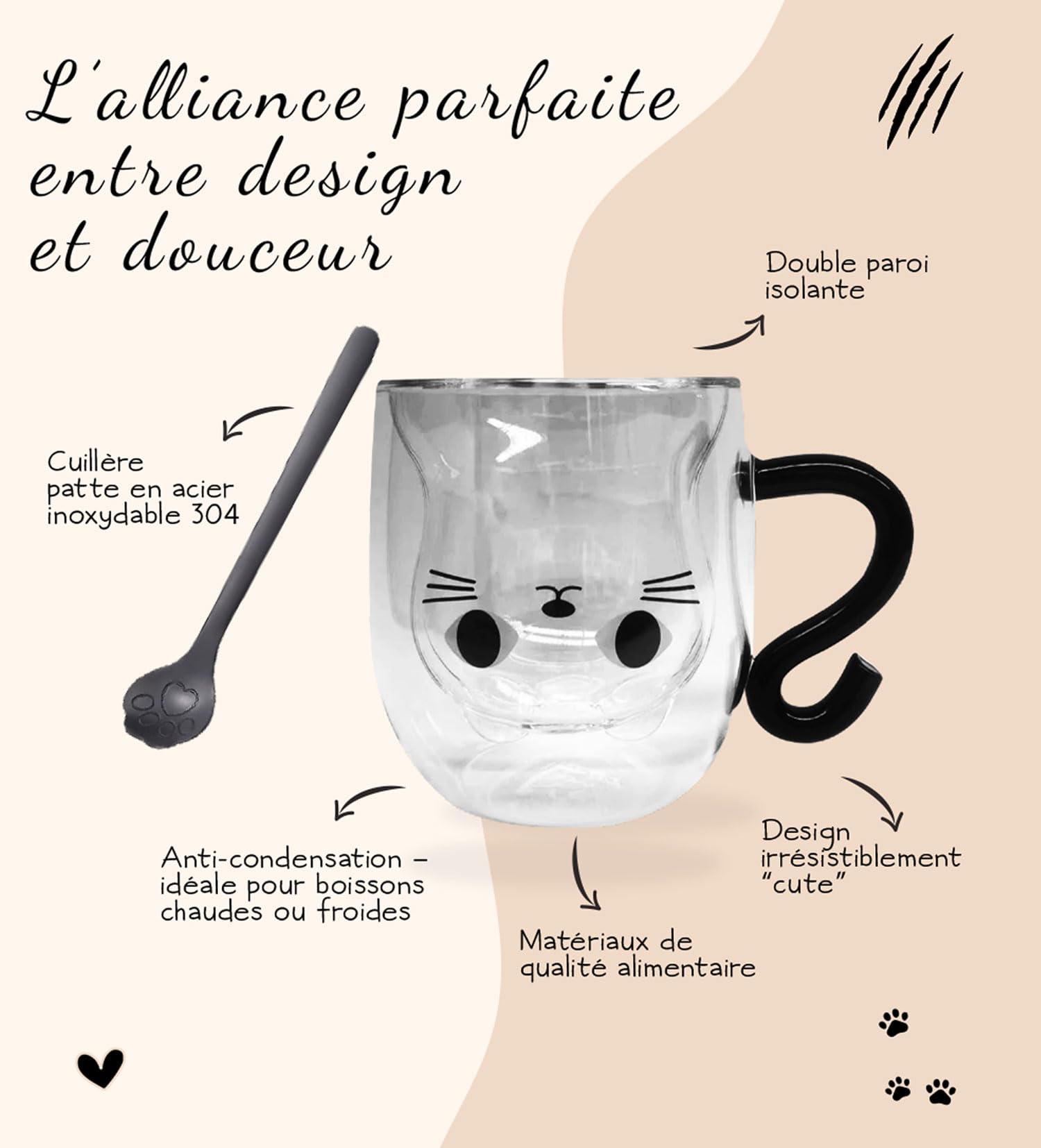 O³ Taza de gato negro, taza de café doble pared 250 ml, taza para infusión, té, Latte Macchiato, capuchino, regalos de Navidad, San Valentín, cumpleaños mujer, hombre, mamá, amiga (negro)