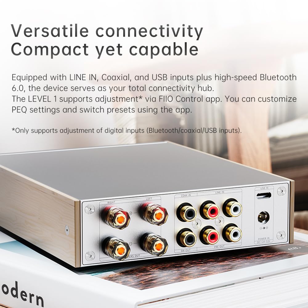 JadeAudio Livello 1 Desktop HiFi Bluetooth LDAC Amplificatore 2×300W Classe D, ingresso USB/coassiale, uscita subwoofer, amplificatore stereo per Home Theater/computer/altoparlanti con alimentazione