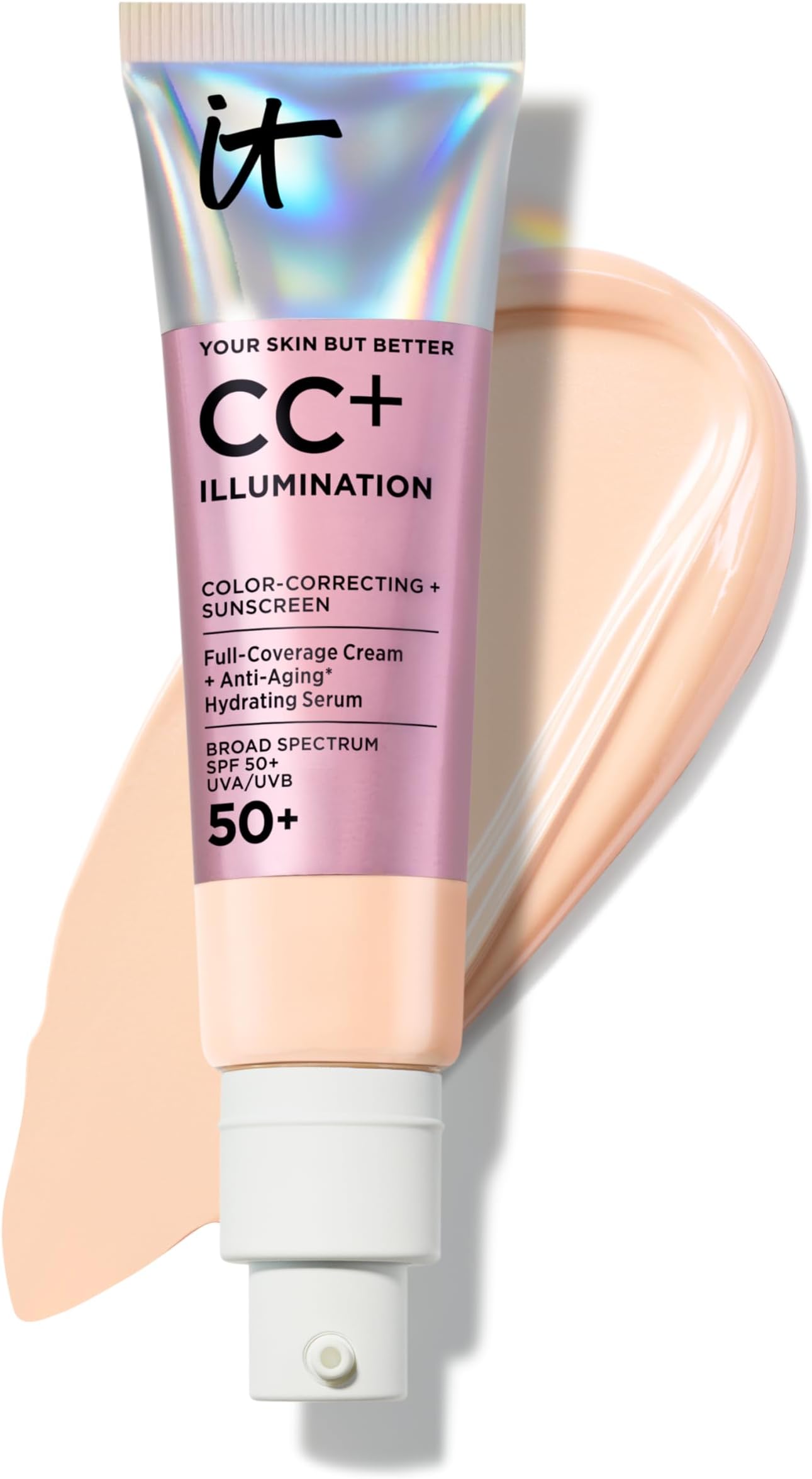 IT Cosmetics CC+ Cream Illumination SPF 50+ - Radiant Full Coverage Foundation Color Corrector, Hydrating Anti-Aging Serum, Hydrolyzed Collagen + Peptides, Normal to Dry & Mature Skin - 1.08 fl oz