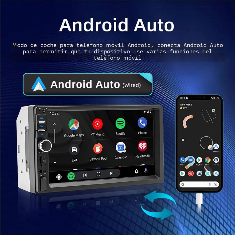 Radio de Coche con Reproductor Carplay con Cable Android, Mirror Link Autoradio 2 DIN Pantalla táctil LCD de 7 Pulgadas, Soporte de Audio estéreo automático FM/MP5/USB/BT/AUX con Control Remoto