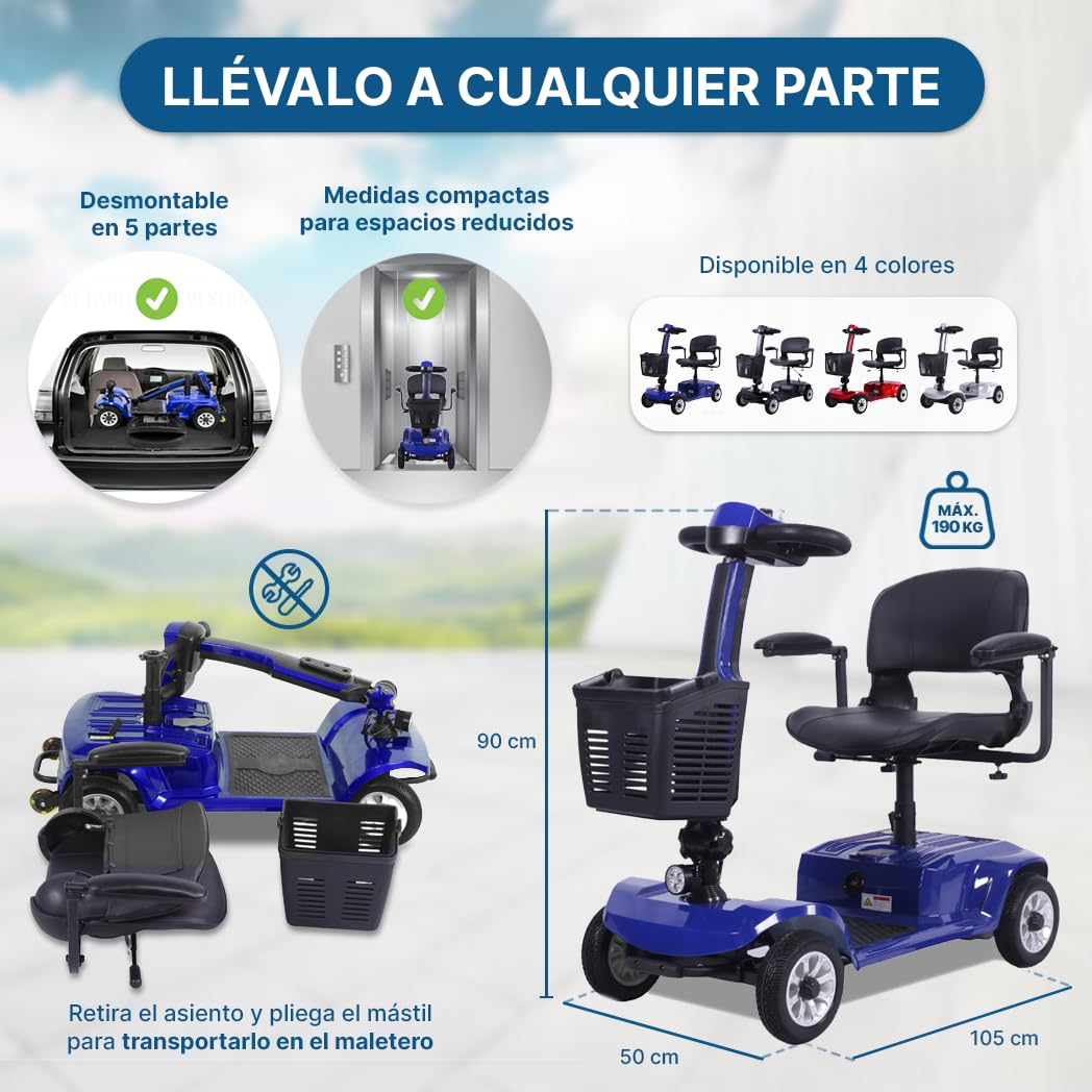 Scooter Eléctrico 4 Ruedas Plegable Desmontable Discapacitados Personas Mayores Ruedas Antipinchazos 190 Kg Dortomedical®