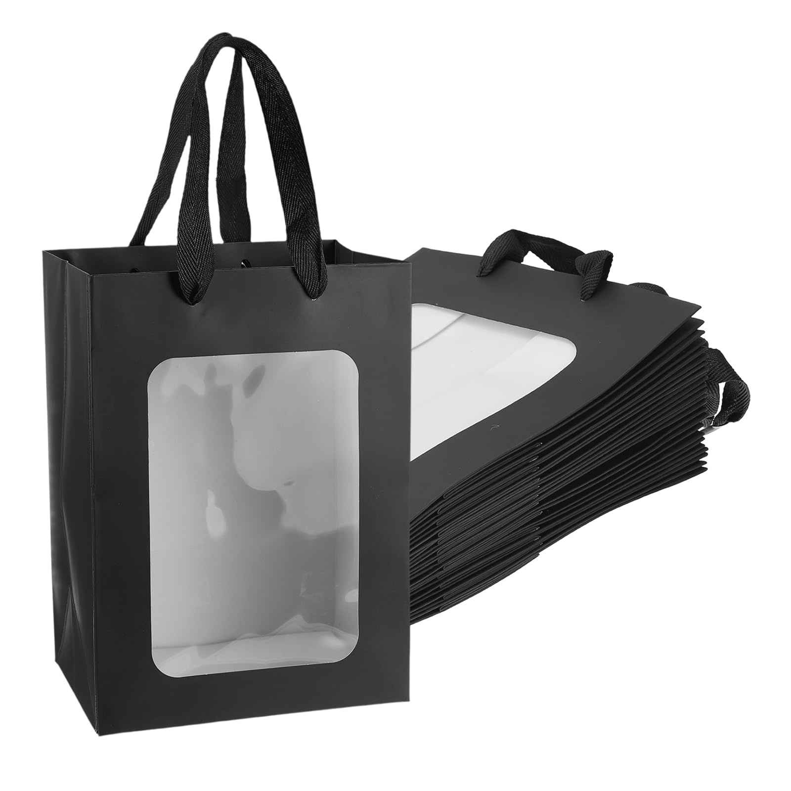 PATIKIL Gift Bags with Clear Window, (18 x 13 x 25cm, Black)(12 Pcs), Small Gift Wrap Bags with Handles, Suit for Wedding/Birthday/Bridesmaid/Party/Shopping