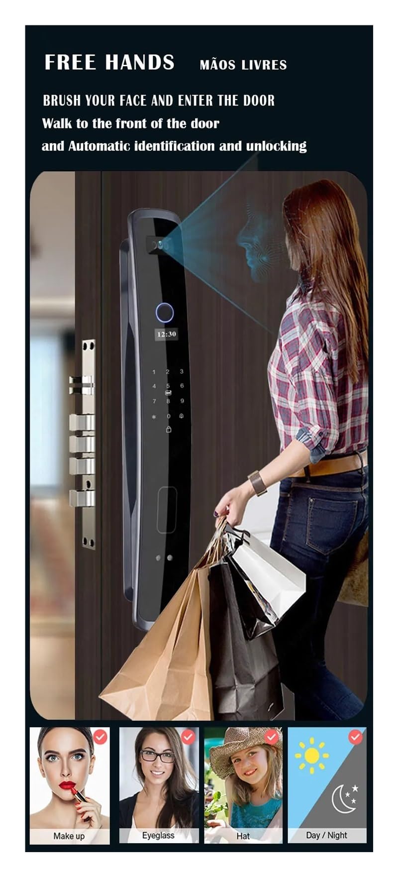 3D-Gesichtserkennung, Fingerabdruck, Wasserdicht, Intelligentes Türschloss, WLAN-Fernbedienung, Fotosteuerung, Entriegelung Mit App-Schlüssel, NFC-Karte, RFID Einfache Hohe Sicherheit(24x240s)