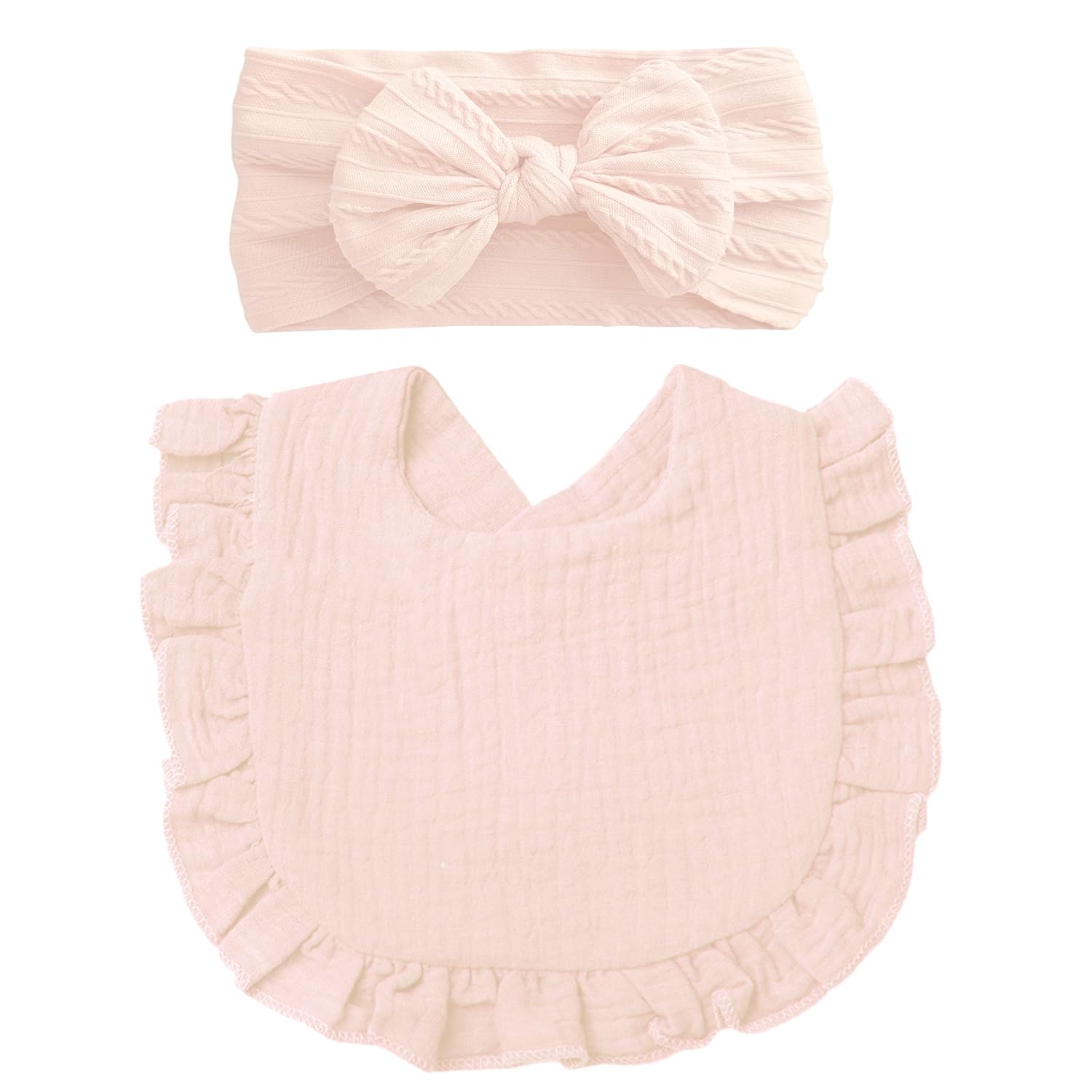 Baby Headband and Dribble Bib Set, Soft Cotton Hairband And Drool Bib for Newborns and Toddlers(Light Pink)
