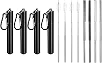 Vista 9 de uxcell 4 popotes de metal reutilizables, de 3.7 a 9.1 pulgadas, pajitas telescópicas portátiles de acero inoxidable con estuche redondo y cepillo