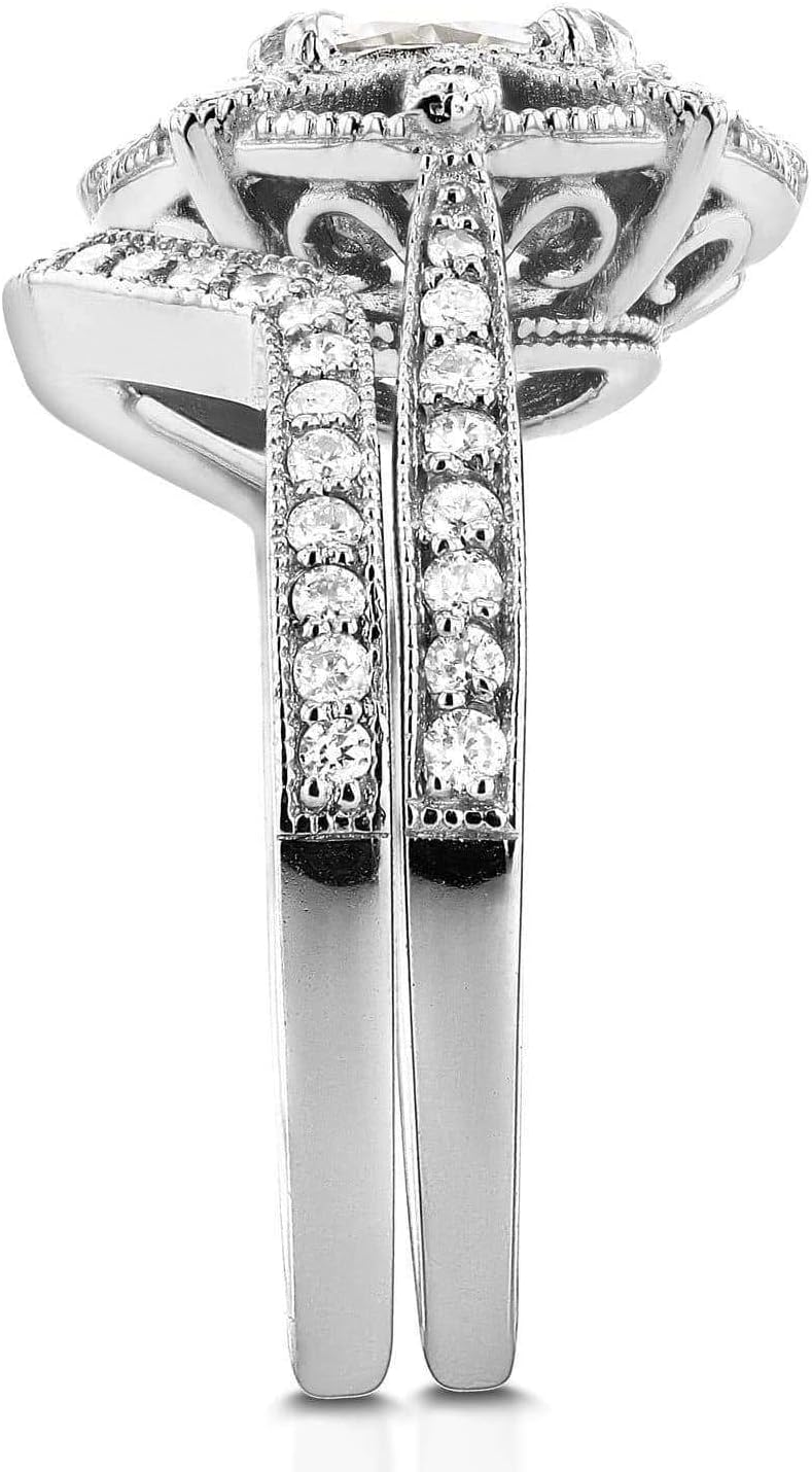 Kobelli Antique Style Floral Cushion Moissanite Bridal Set 1 1/2 CTW in 14k White Gold