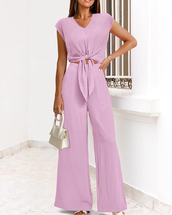 PRETTYGARDEN Women's Summer 2 Piece Outfits 2026 Cap Sleeve V Neck Belted Crop Tops Wide Leg Pant Sets Casual Tracksuit(Solid Light Purple,XX-Large) by PRETTYGARDEN - Used condition - US$15.72
