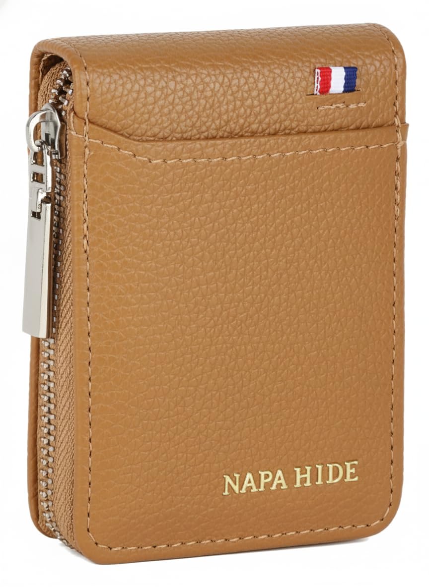 napa hide Slim Zipper Card Holder Wallet for Men & Women | RFID Blocking Accordion Credit Card Case | Compact Cash & Card Organizer with Smooth Metal Zip (TAN1)-picture-22