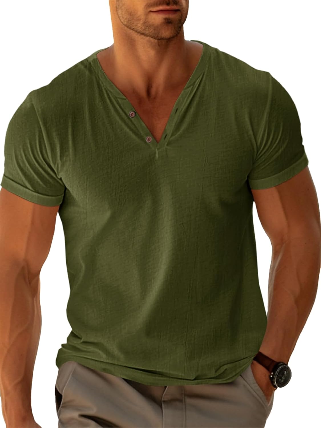 Runcati Mens Casual T Shirts Short Sleeve V Neck Linen Henley Shirt Button Basic Fashion Summer Beach Tee Tops