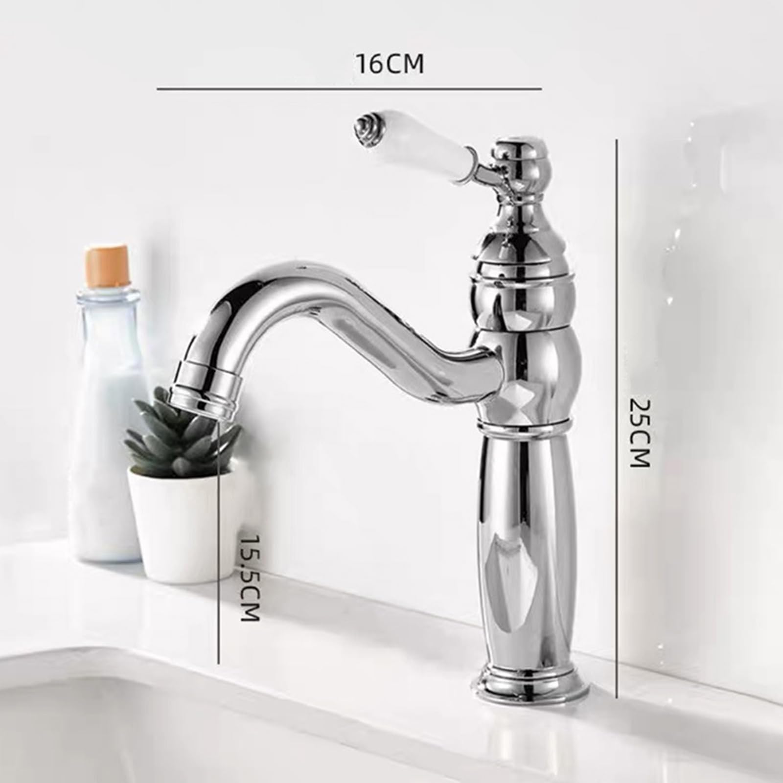 Miscelatore Cromato per lavabo da Bagno, Acqua Calda e Fredda, Maniglia Singola, in Ottone, 1 Foro
