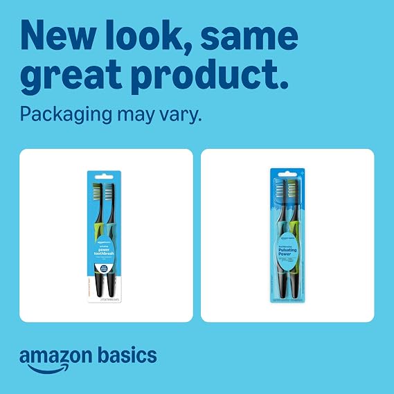 Amazon Basics Soft Toothbrushes for Adults - Pulsating Deep Cleaning with Soft Bristles, 2 Count, Assorted Colors, Packaging May Vary