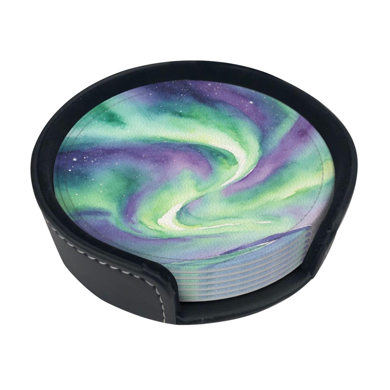 Aurora Wash Leather Coasters-Set of 6 with Storage Holder
