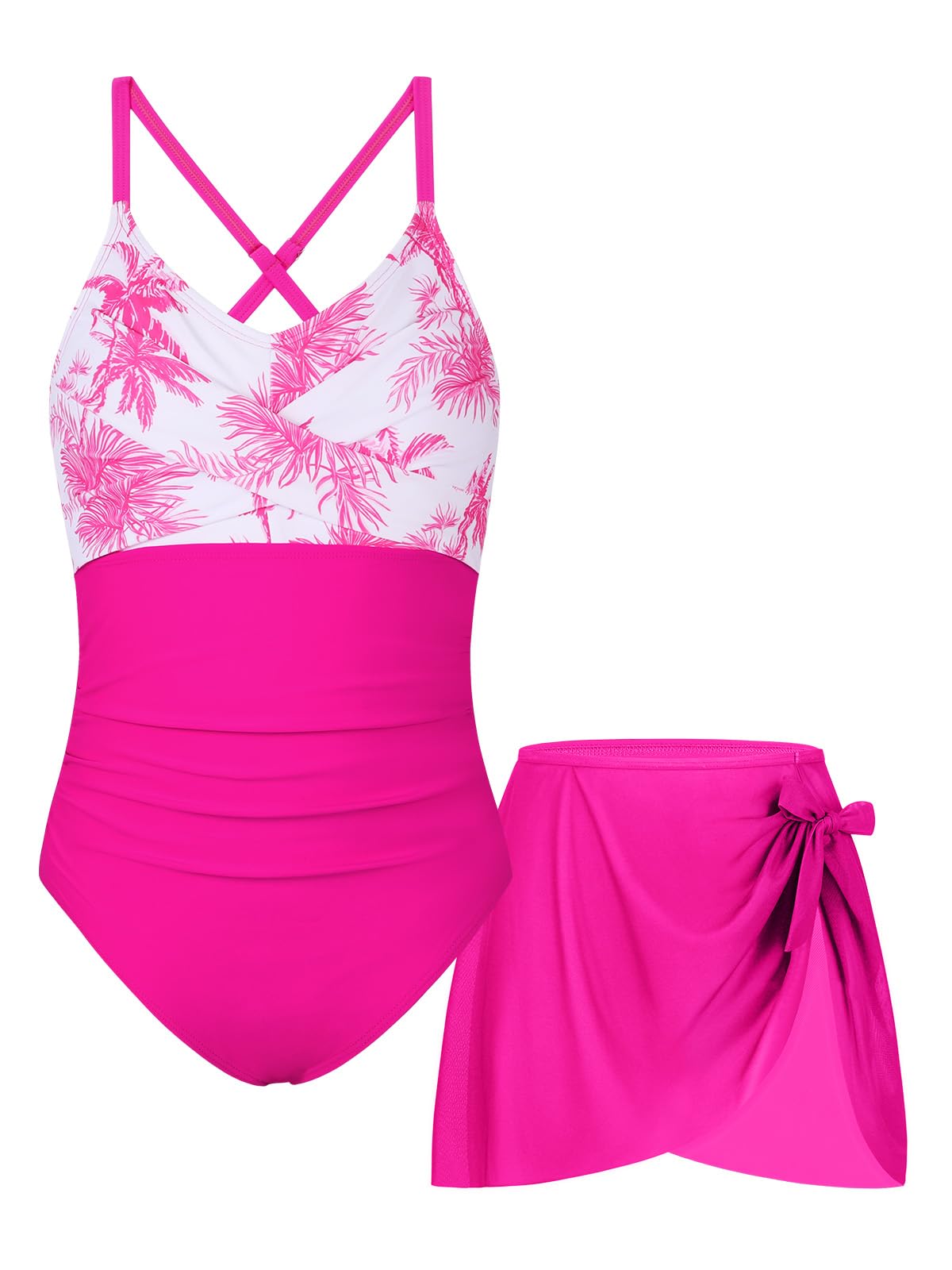 Photo 1 of KOMEIANA 9-18Y Girls One Piece Swimsuit with Cover Up Spaghetti Strap Cutout Ruched Bathing Suit Criss Cross Straps Swimwear Rose Red