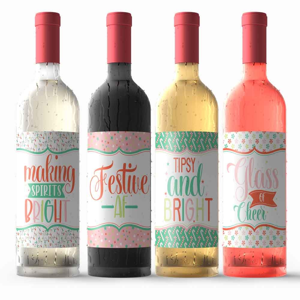 Funny & Festive Merry Christmas Themed Waterproof Wine Bottle Sticker Wrappers, 4 3.75
