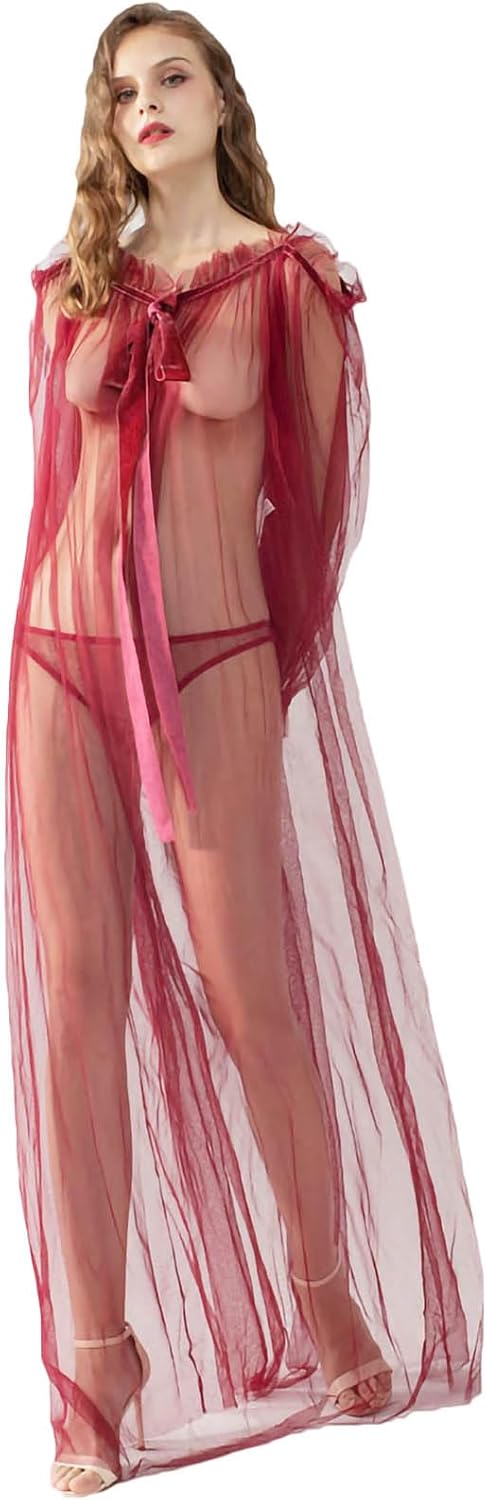 Women Long Mesh Nightgowns and Underpants Lace Babydoll Lingerie Sleepwear See Through Robe with Sleeve