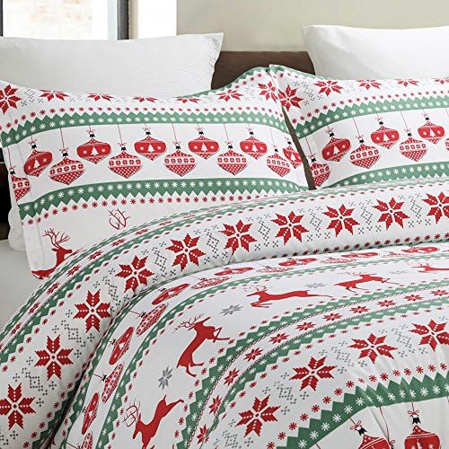 Vaulia Lightweight Microfiber Duvet Cover Set, Printed Reindeer Pattern for Christmas New Year Holidays, Red/Green - King 3-Piece Set