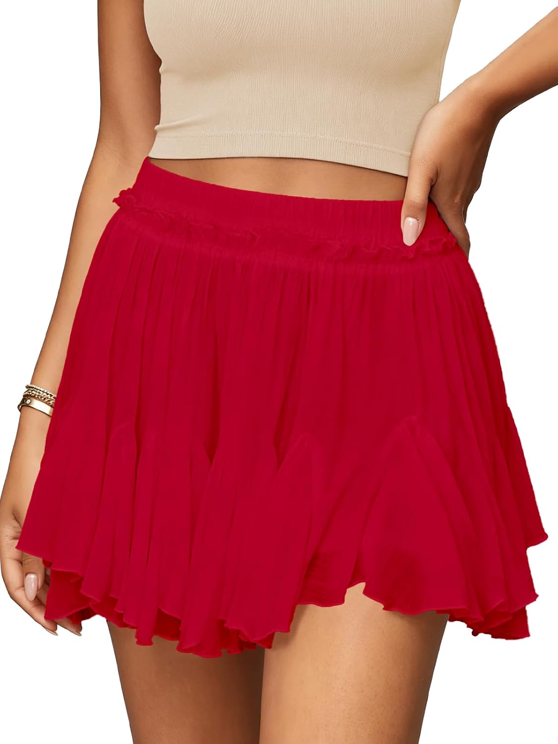 Women's Flowy Skirt Linen Boho Ruffle Mini Skirts Pleated High Waist Cute Butterfly Skorts Short with Pocket Summer Trendy