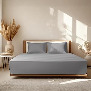 Fitted Sheet Queen, 100% Cotton, Premium Hotel-Quality Feel, Breathable and Durable, Deep Pocket 15–18”(60"x80",Grey)