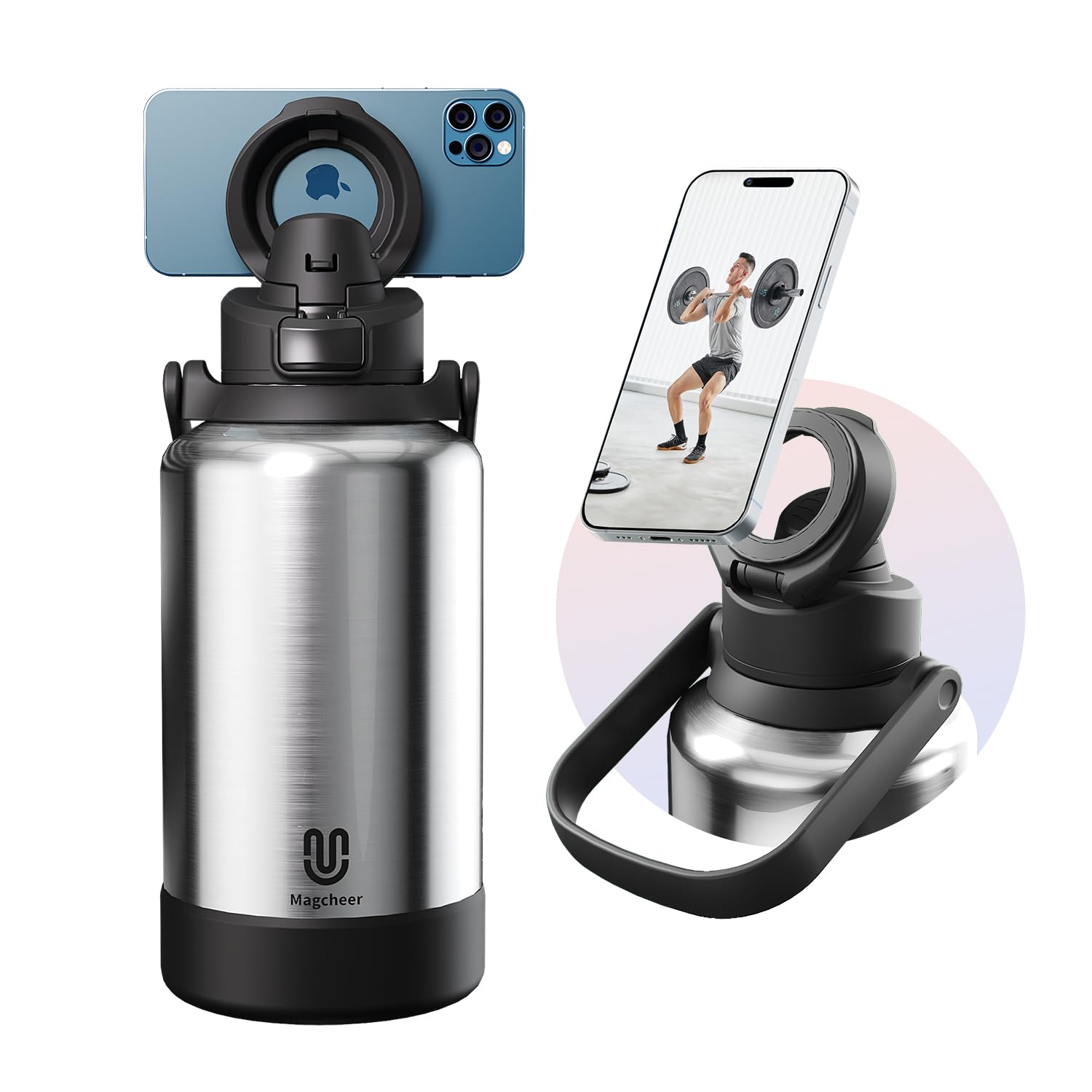 64oz Insulated Magnetic Water Bottle - Stainless Steel Vacuum Flask with MagSafe Compatible Phone Holder Keeps Drinks Cold for 24 Hours Water Jug for Gym and Outdoor Activities（Silver)