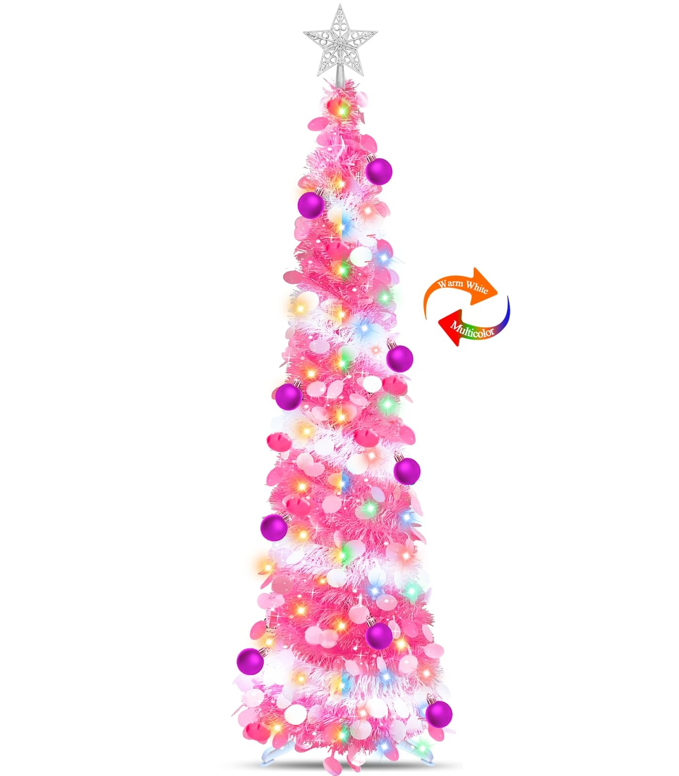 Valentines Day Decorations 5Ft Pink Valentines Christmas Tree with Balls 3D Star Sequins,Tinsel Valentines Tree 50 Warm White&Color Light Timer 8 Mode Pencil Collapsible Tree Home Valentines Day Decor