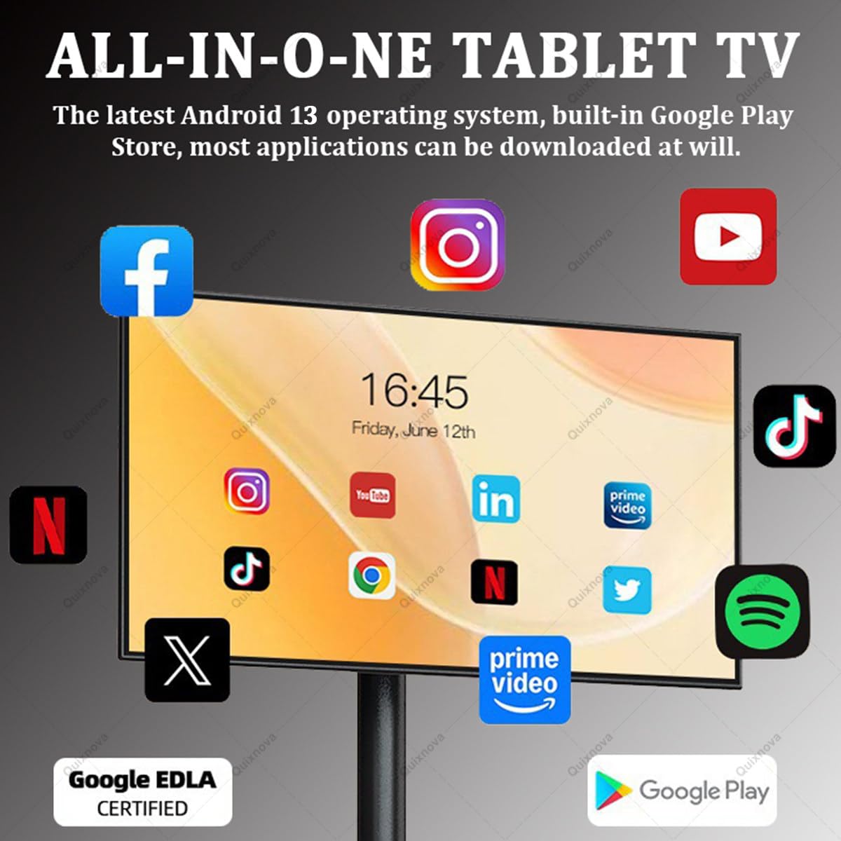 TV portatile con touch screen, rotazione completa, sistema operativo Android 13, CPU 8-Core, 4GB/6GB RAM, 64GB/128GB di archiviazione, Smart TV su ruote, batteria integrata, telecomando