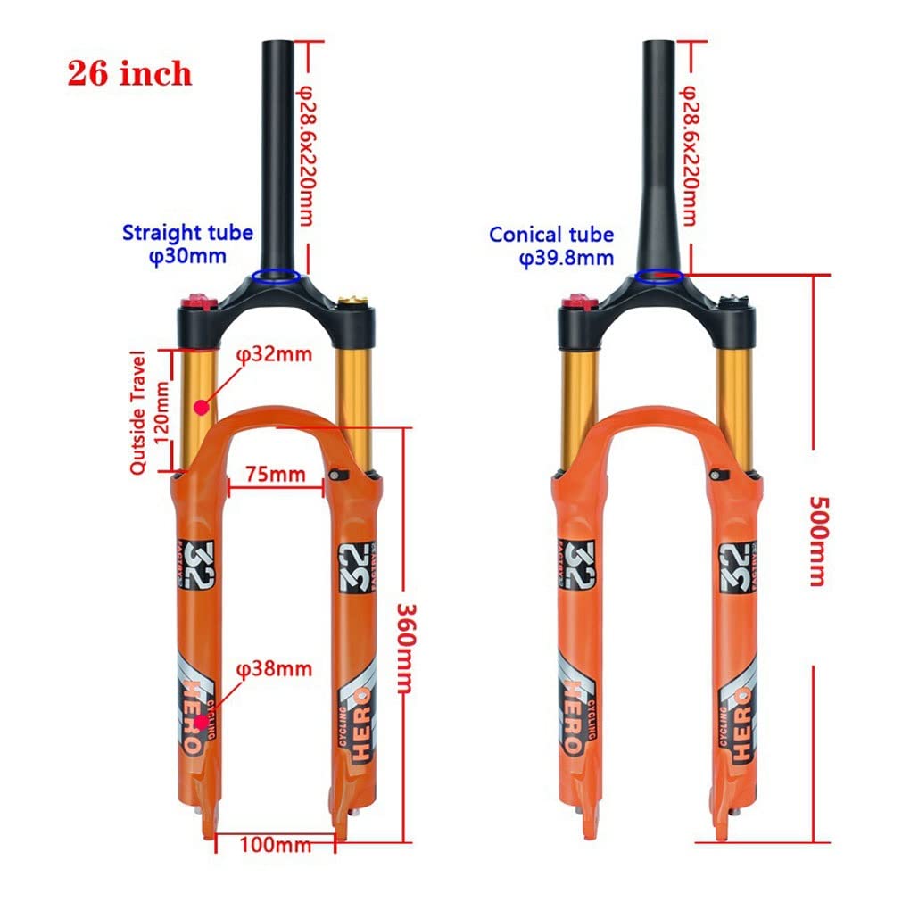Widelec MTB 26/27,5/29 widelce do roweru górskiego Podróż 120 mm Powietrze 1-1/8'' Prosta/Stożkowa rura Ręczna blokada Rowerowy przedni hamulec tarczowy 9 mm QR (kolor: pomarańczowy prosty