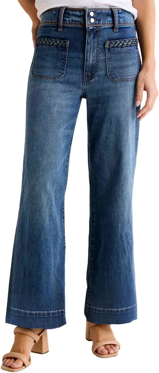 Jeans for Women Sail Blue Braided Trim Patch Pocket Flare Leg Jeans Trendy Denim Pants