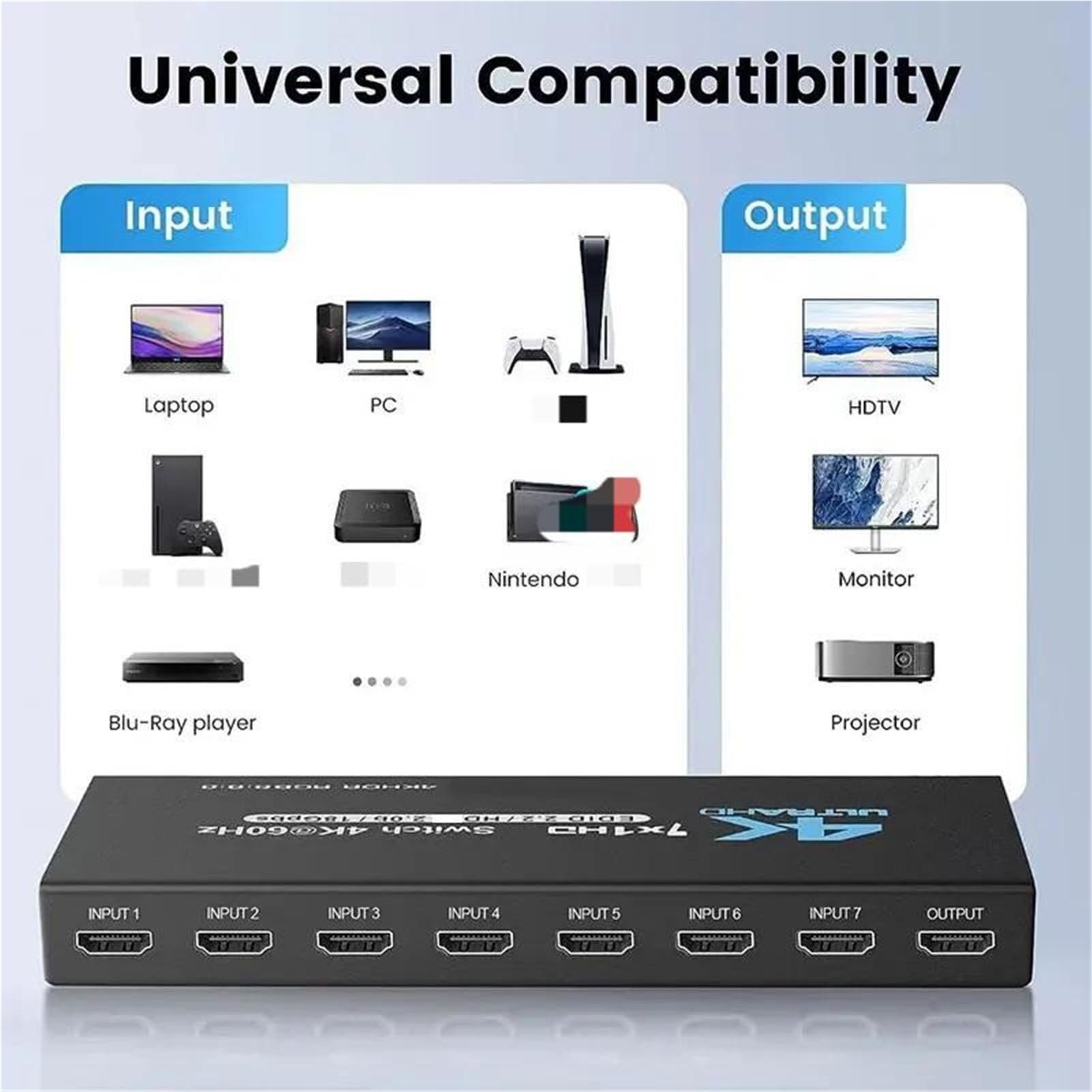 Switch HDMI 2.0 a 7 porte 4K@60Hz con telecomando IR, convertitore e video, ingressi 1 uscita, supporto HDR HDCP