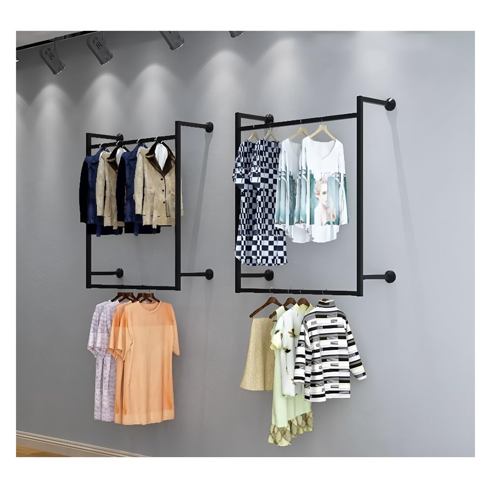 1PCS Clothing Store Wall-Mounted Garment Rack, Industrial Metal Detachable Clothes Rail, Multi-purpose Hanging Rod for Closet Storage, Double Pole Hanging Storage Clothes Pipe Shelf(Black,100x150 cm)