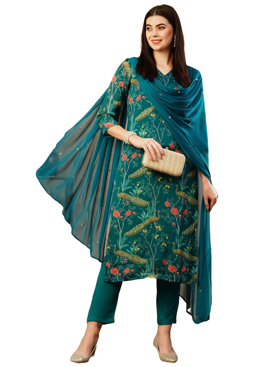 ANNI DESIGNER Women's Cotton Blend Printed Straight Kurta with Pant & Dupatta