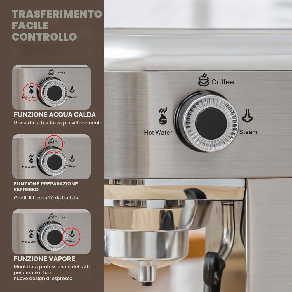 CAFELFFE MK-601 Macchina espresso 20 bar con montalatte e manometro, funzione caldo/freddo, potenza di erogazione rapida 1450 W, macchina 2 in 1, compatibile con caffè macinato e pastiglie ESE da 44