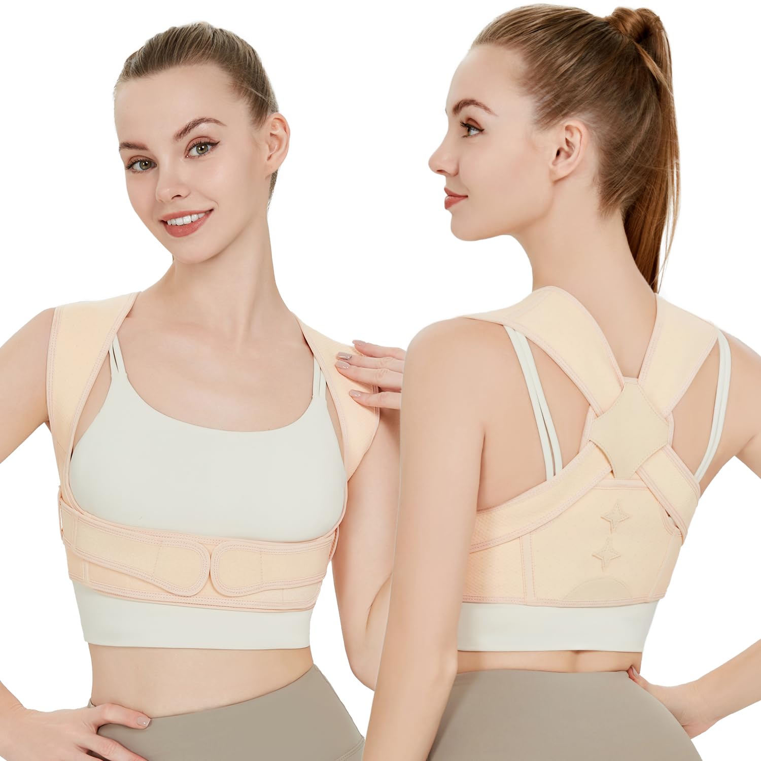 Posture Corrector Shoulders Back, beżowy, wygodny i oddychający, regulowany pasek dla kobiet do odciążenia szyi, ramion i górnej części pleców (S/M)