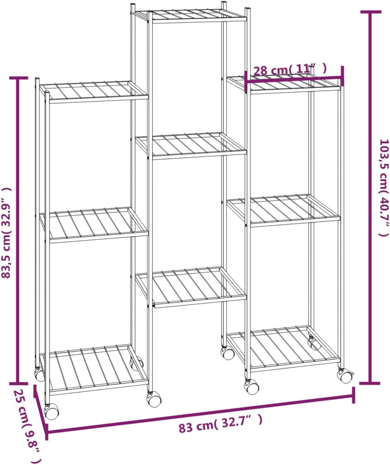 Flower Rack with Wheels, Plant Stand, Plant Stand, Flower Stand, Indoor Flowerpot, Planter Shelf, 83 x 25 x 103.5 cm, Black Iron