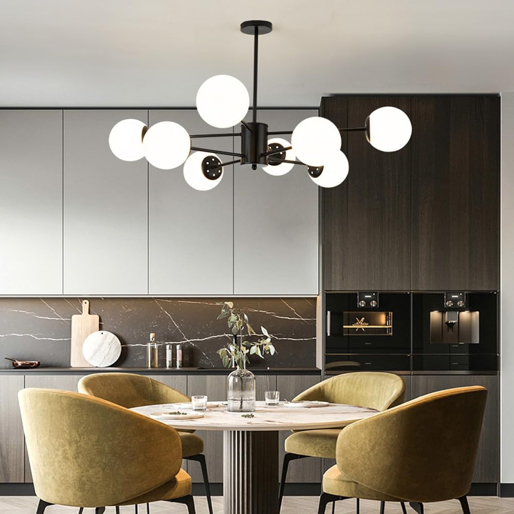 Mid-Century Modern 8-flammiger Sputnik-Kronleuchter, weiße Milchglasschirme, schwarze Industrie-Deckenleuchte, mattierte Bubble-Gold-Pendelleuchte für Wohnzimmer, Esszimmer, Schlafzimmer, Küche